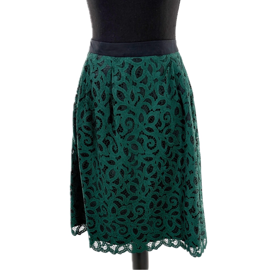 Lands' End Hunter Green & Black Lace Overlay, Lined A-Line Holiday Skirt Size 8